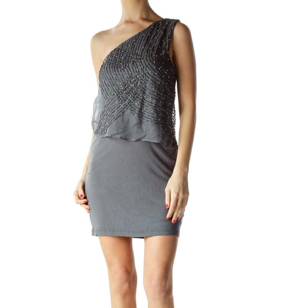 TFNC London Gray Beaded Asymmetric Cocktail Dress